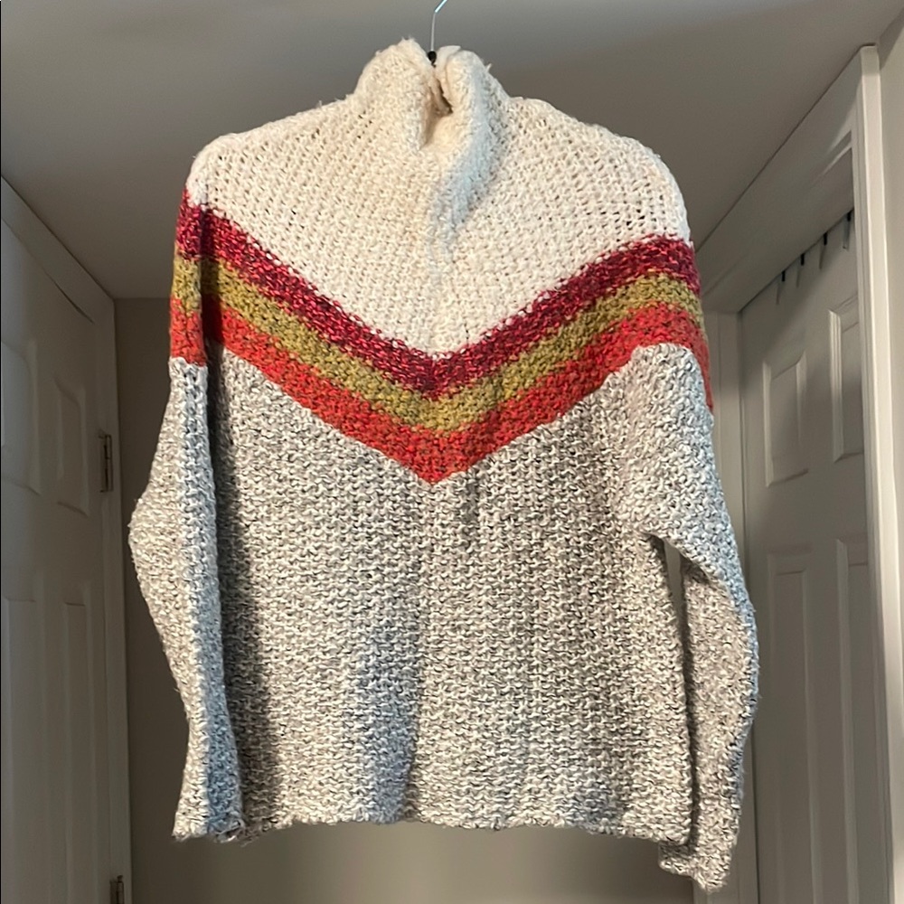 Free People Cream and Red Cowl Neck Sweater with Chevron Design